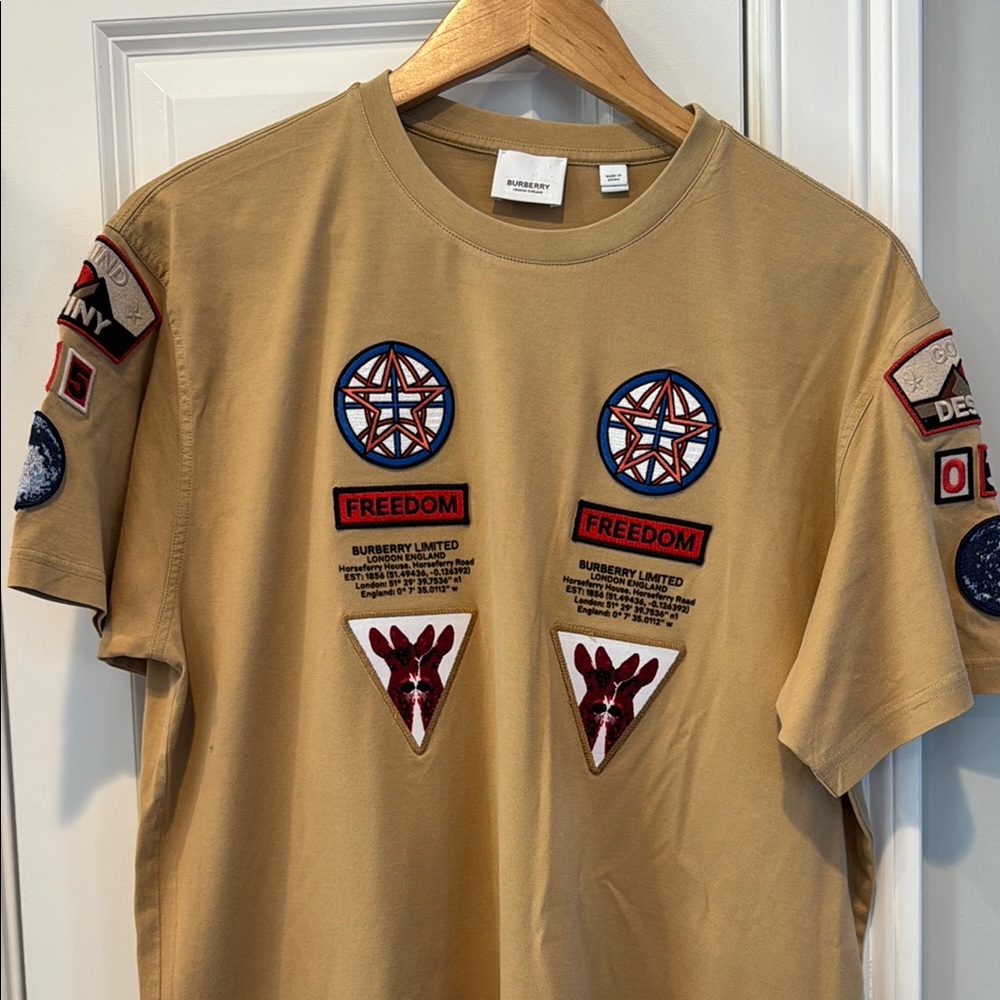Burberry Tan Short Sleeve Tee with Emblem Accents